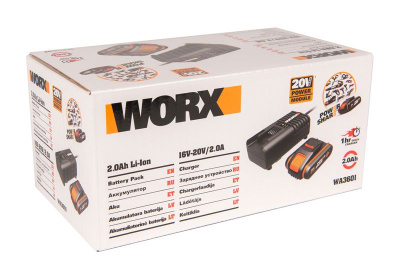 Комплект WORX WA3601: 1 аккумулятор 2 Ач и зарядное устройство на 2А